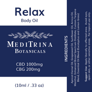 MediTrina Botanicals Relax Body Oil Rollerball 1200MG label - PhytoRite.com